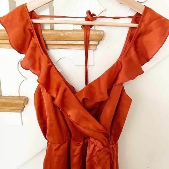 Show Me Your Mumu Burnt Orange Luxe Satin Samantha Ruffle Wrap Dress Size S - Picture 4 of 6